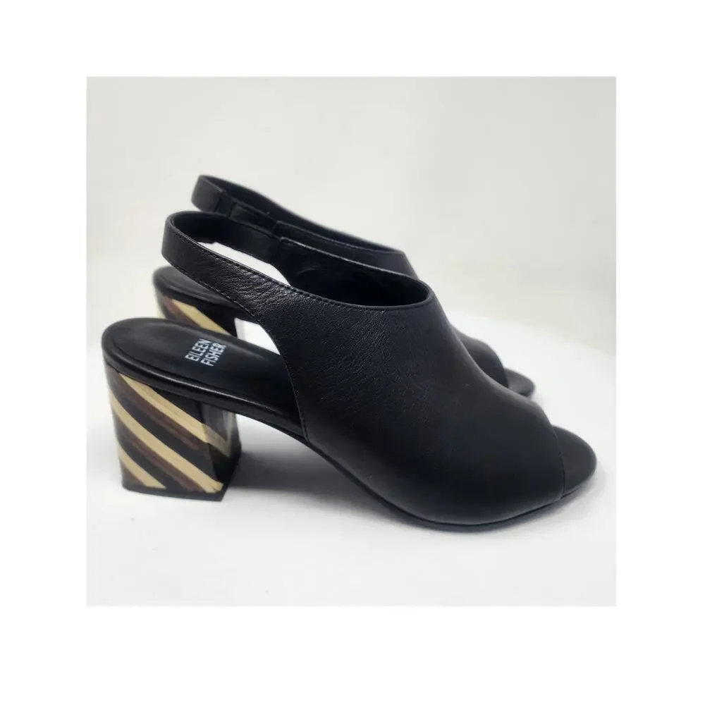 Eileen Fisher Bobbie Slingback Sandal Women 9.5 Italian Black Leather Wood Heel